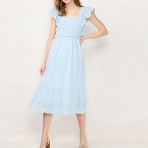 GUC Lauren Conrad Blue Eyelet Smocked Midi Dress with tie back sash size Small